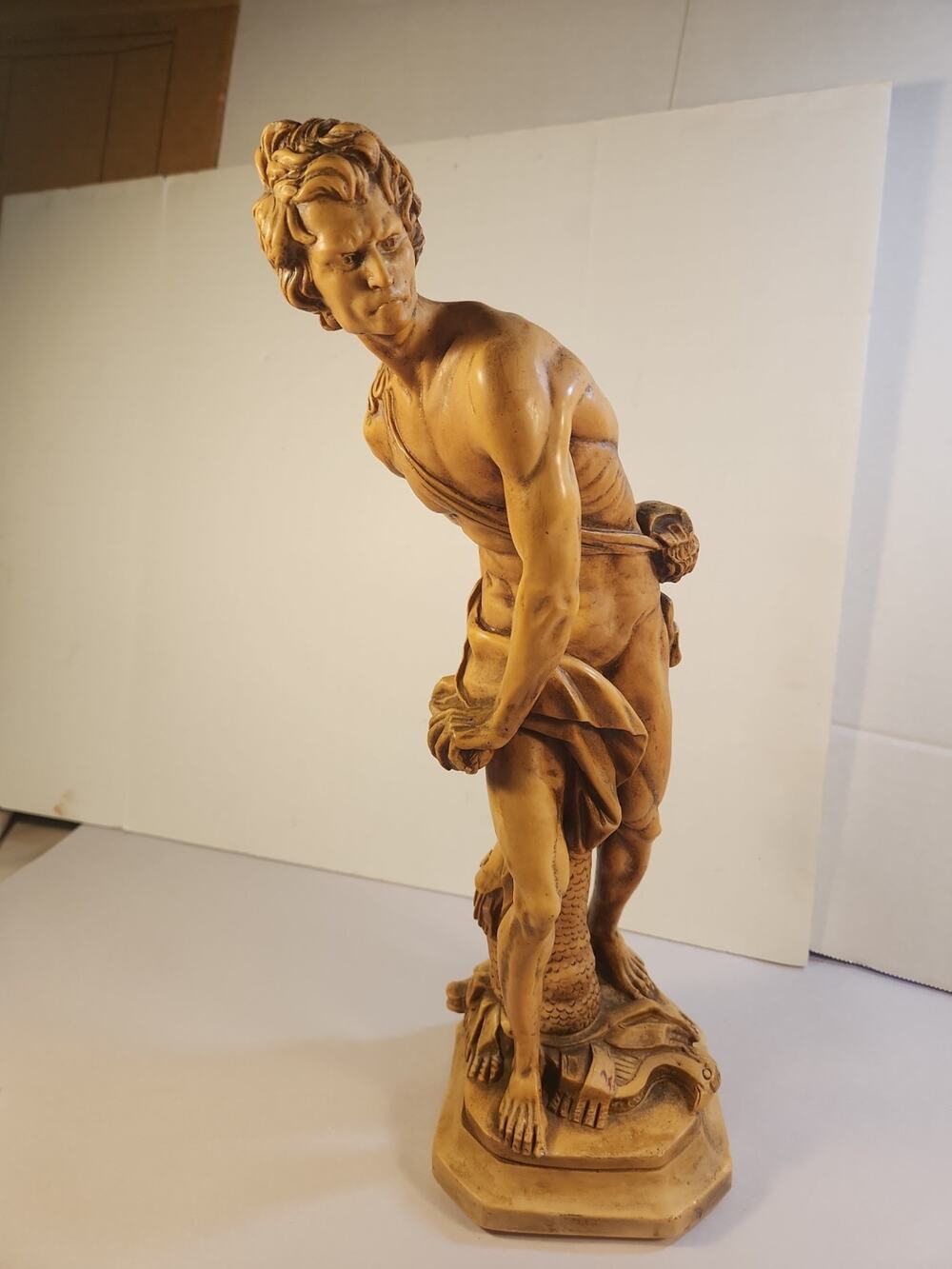 BIBLICAL DAVID WITH SLING FIGURINE SCULPTURE A SANTINI, SIGNED ITALY Faux Marble